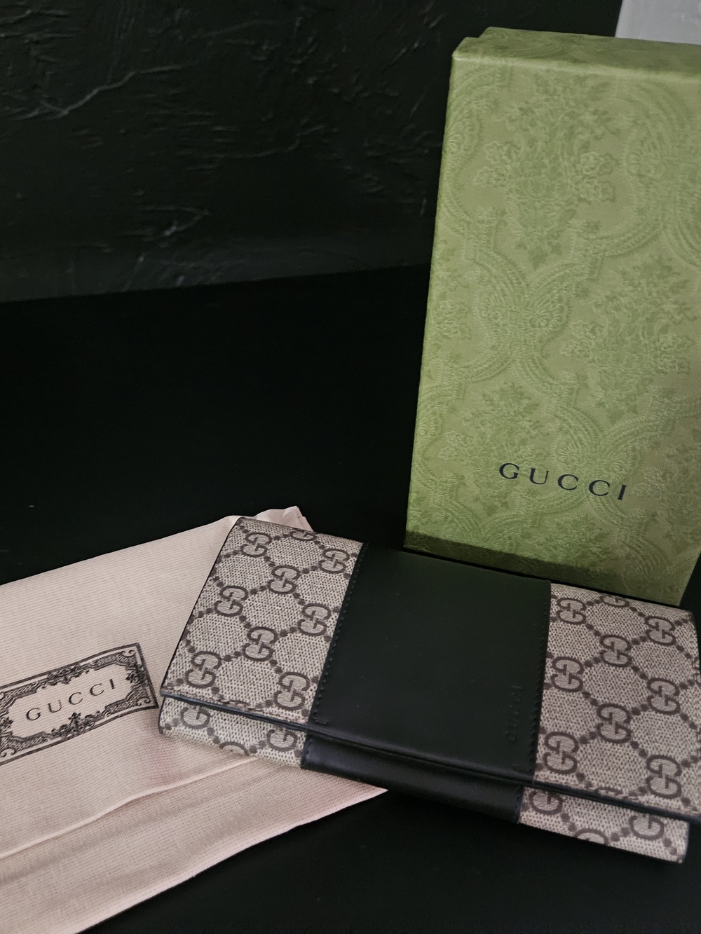 Gucci Monogram Canvas Bi-Fold Wallet in Beige and Black